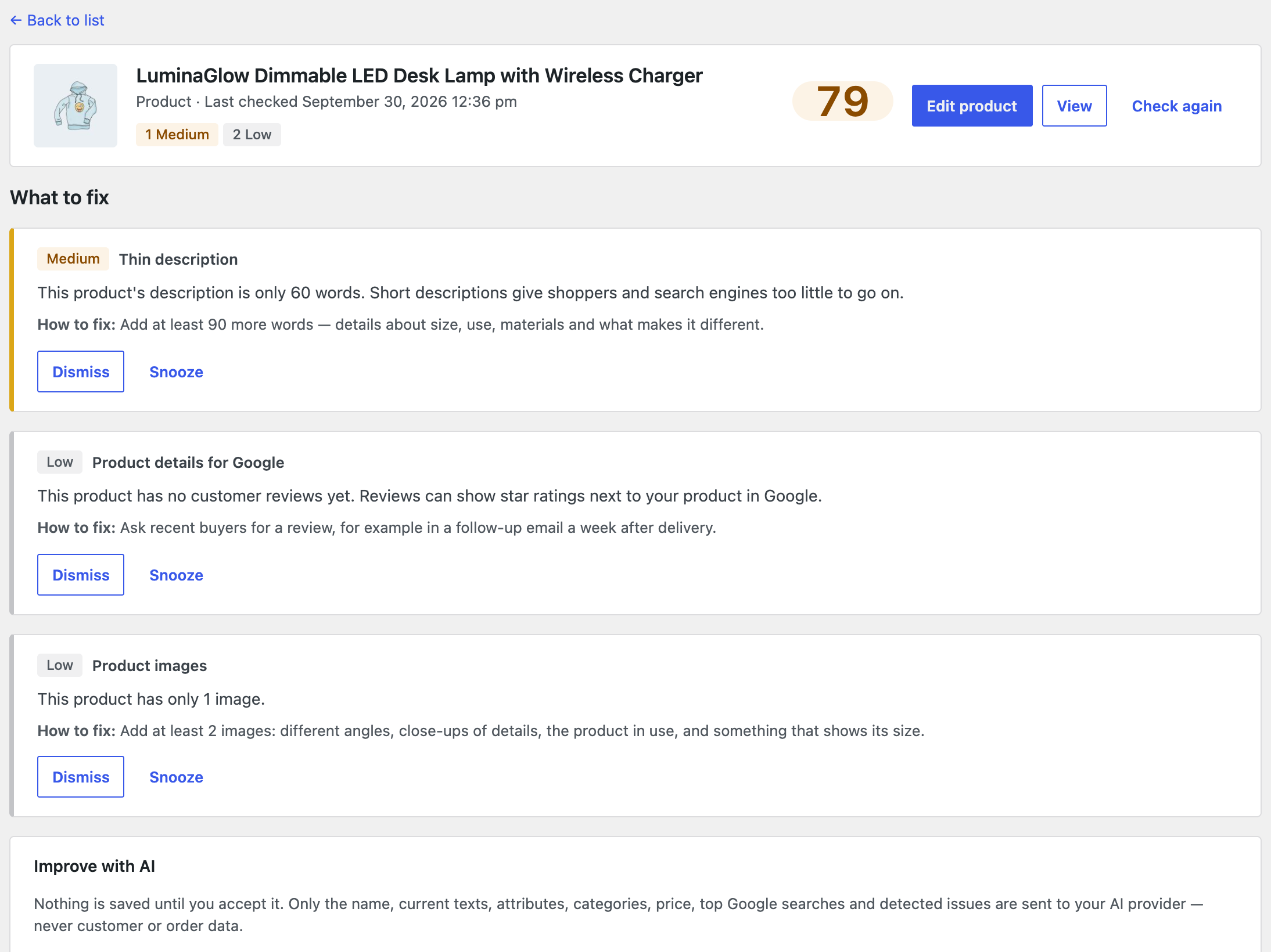 Product detail view listing a thin description, missing reviews and too few images, each with a how-to-fix hint and Dismiss or Snooze buttons.
