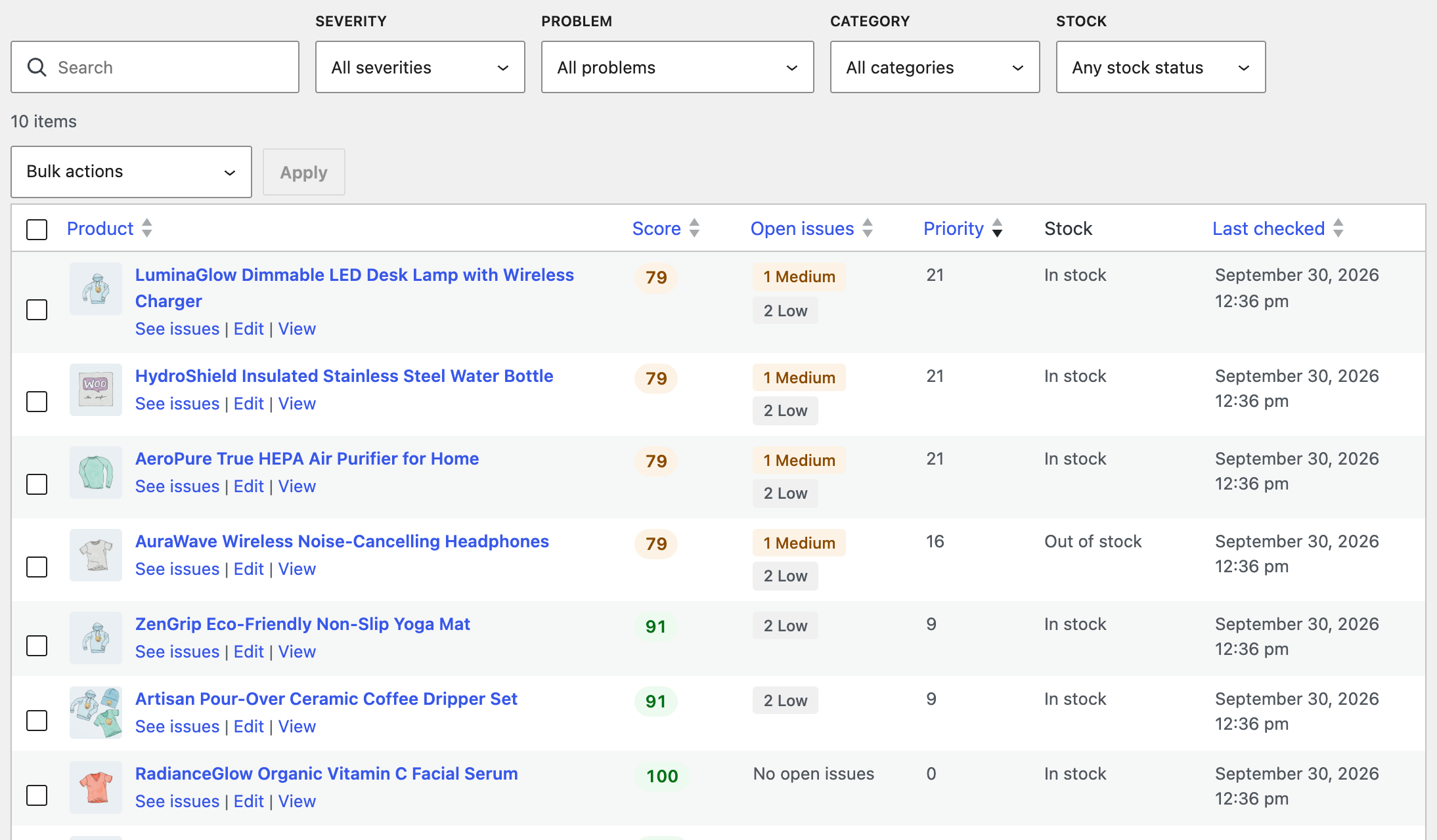 Products list with health score, open issues by severity, priority and stock for each product, with filters above.